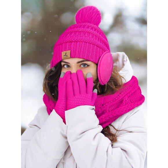 Women  Rose Red Knit Beanie Hat, Gloves, Scarf & Ear Warmer Set - Winter - Picture 6 of 6
